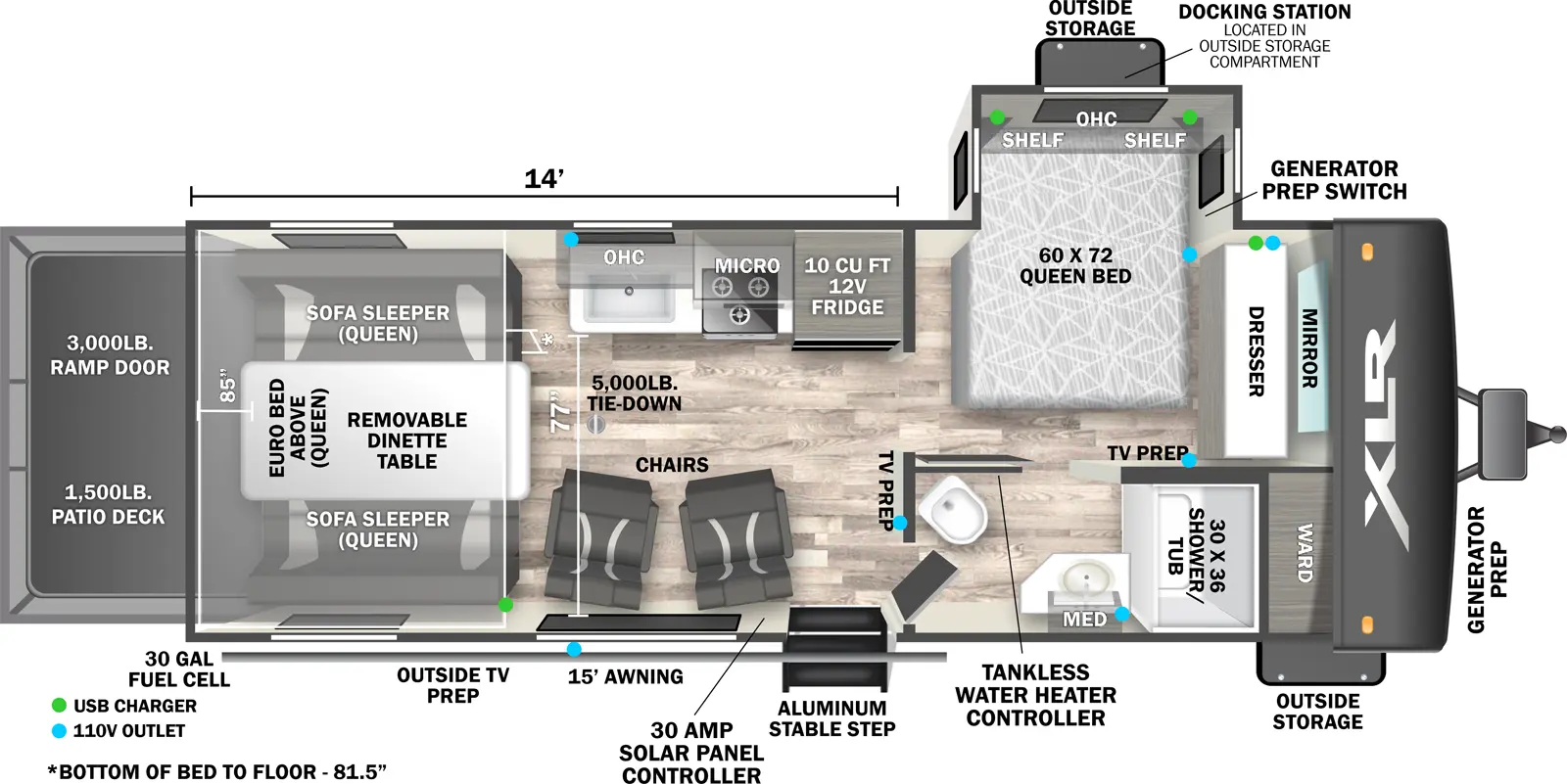 The 2114B has one slideout, one entry, and one rear ramp door. Exterior features generator prep, generator prep switch, outside storage, docking station, aluminum stable step, 15 foot awning, outside TV prep, and 30 gallon fuel cell. Interior layout front to back: front dresser, mirror and wardrobe; off-door side slideout with queen bed, shelf and overhead cabinet; door side full pass-thru bathroom with medicine cabinet and tankless water heater controller, and TV prep on wall facing bedroom and living room; off-door side 12V refrigerator, kitchen counter with sink and cooktop, and overhead cabinet and microwave; door side entry, 30 Amp solar panel controller, and two chairs; rear opposing queen sleeper sofas with removeable dinette table, and euro bed above. Garage dimensions: 14 foot from rear to bathroom wall; 77 inches from door side to kitchen counter; 85 inch ramp entry height; 81.5 inch from floor to euro bed bottom; 3,000 lb ramp door; 1,500 lb patio deck.